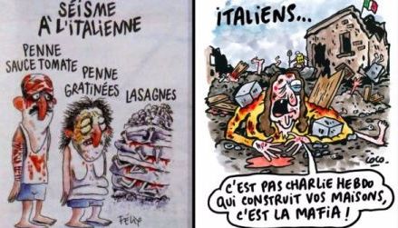 Le due vignette di Charlie Hebdo su Amatrice